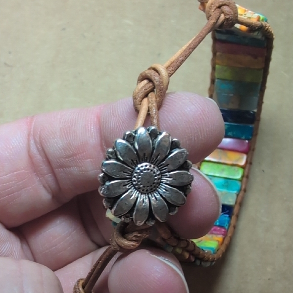 Handmade Multicolor Stone Tile Wrap Bracelet - Brown Cord - Picture 3 of 7